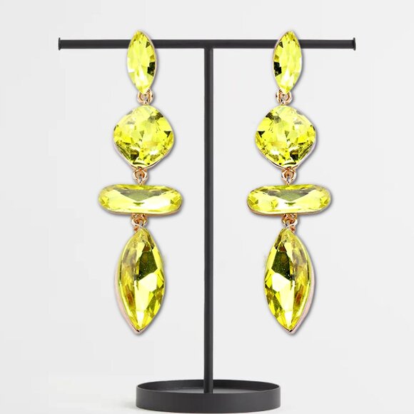 Sunny Yellow Crystal Bling Glam Tiered Drop Statement Earrings NEW - Picture 2 of 4